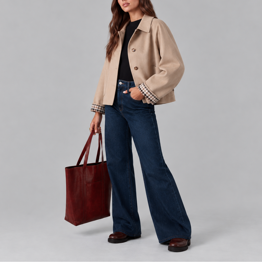 Women's Cropped Trench Jacket With Plaid Lining