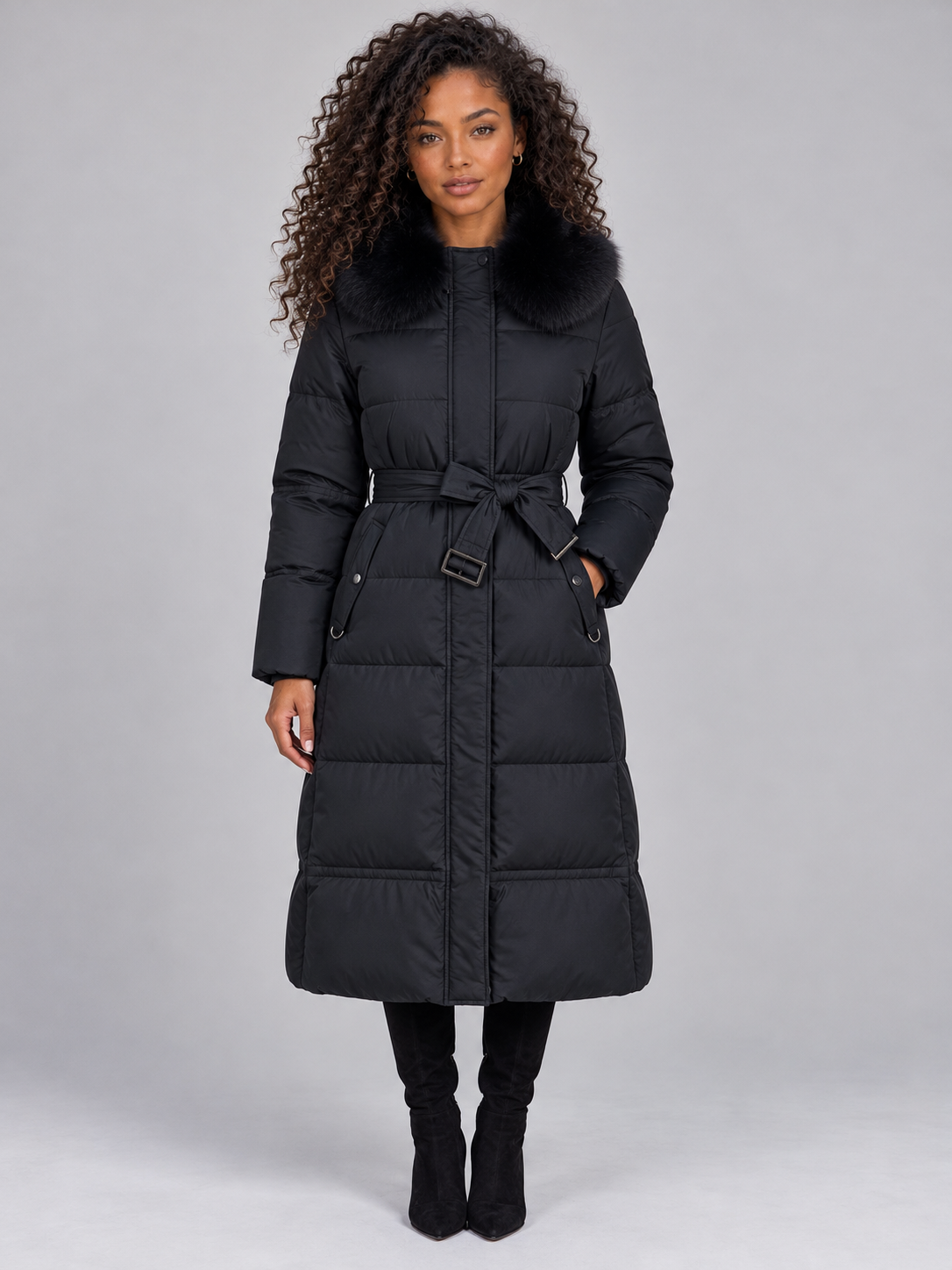Women’s Long Hooded Puffer Coat – Faux Fur Collar