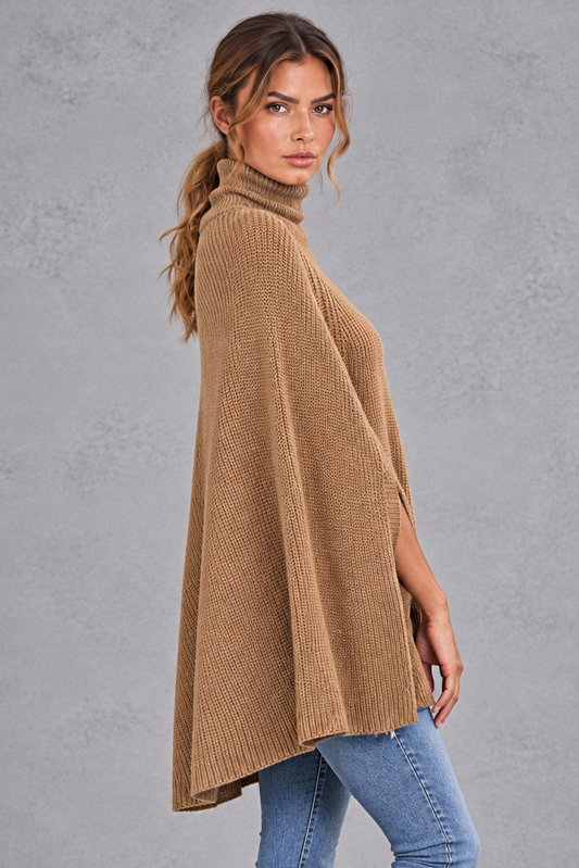 Women's Ribbed Turtleneck Poncho Jumper
