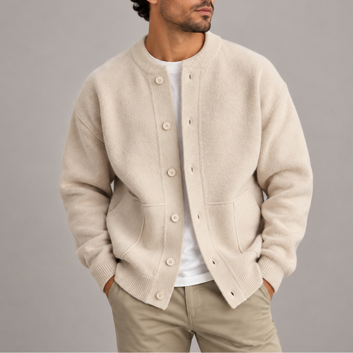 Men's Textured Knitted Button-Up Cardigan