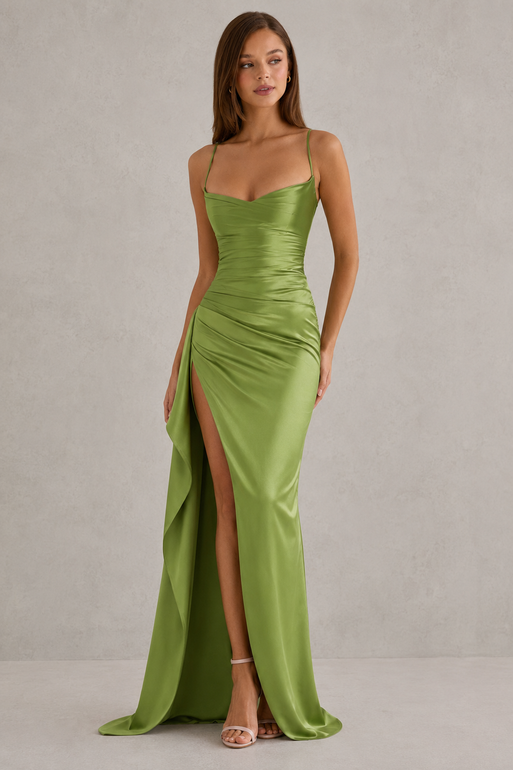 Women's Satin Maxi Dress With Cowl Neck & Thigh Split