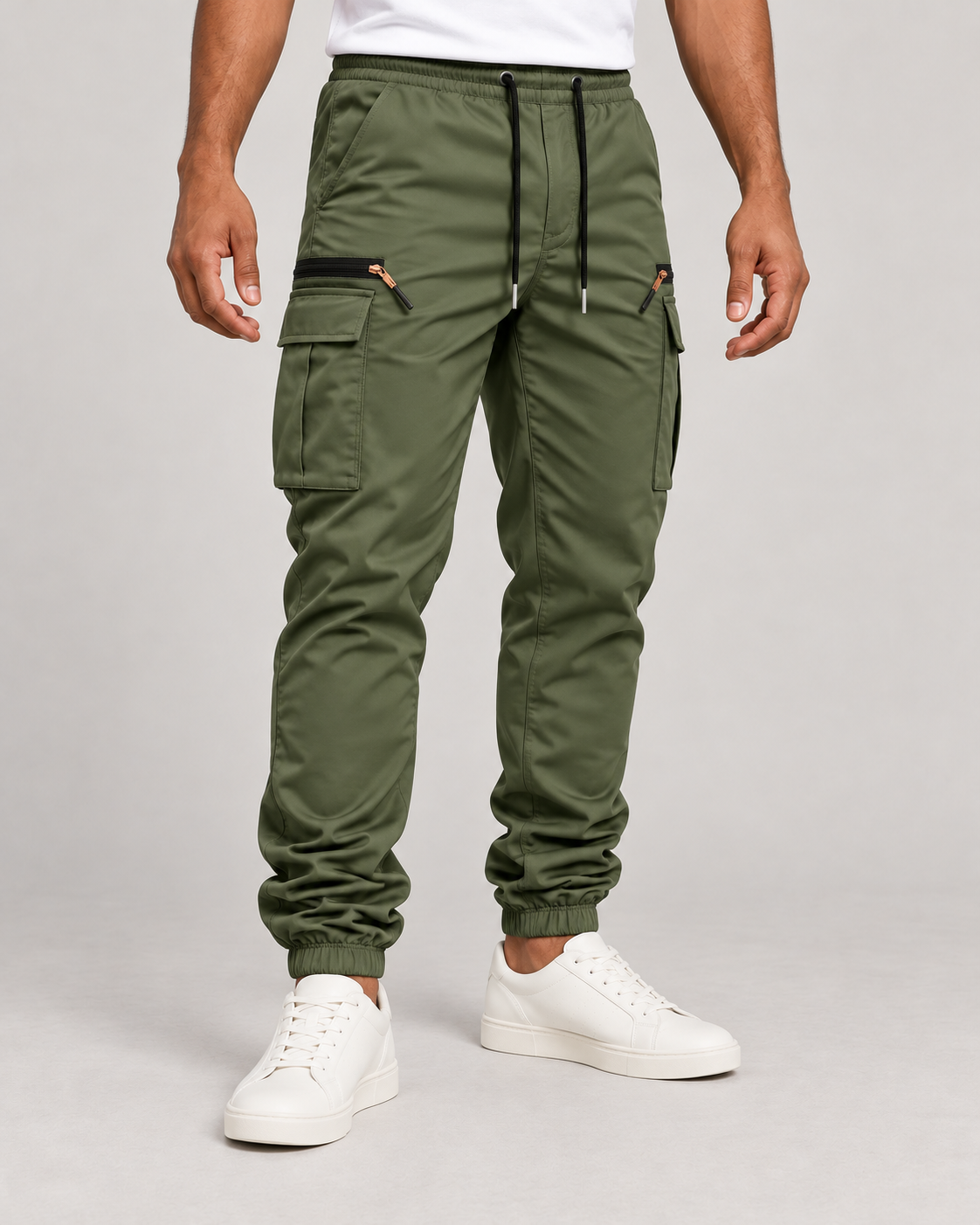 Men’s Stretch Cargo Joggers with Drawstring Waist and Zip Pockets