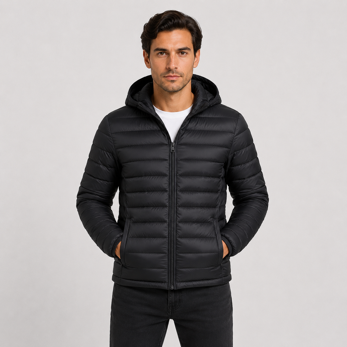 Men's Quilted Hooded Jacket - Warm Winter Full Zip