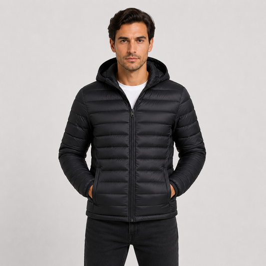 Men's Quilted Hooded Jacket - Warm Winter Full Zip