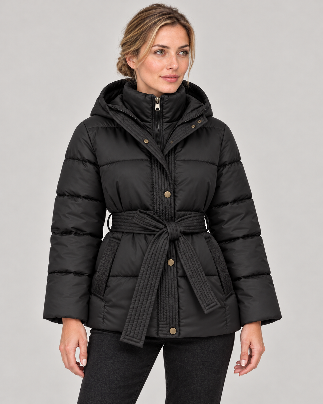 Women’s Hooded Puffer Jacket with Tie Belt and Quilted Finish