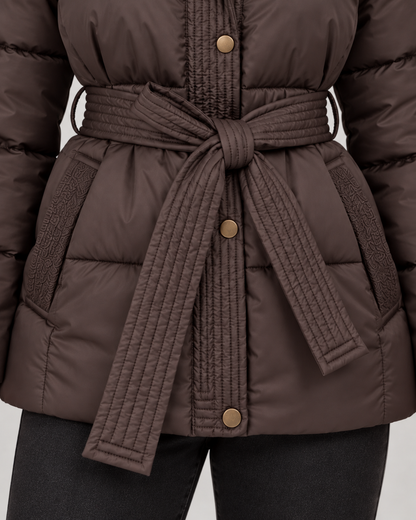 Women’s Hooded Puffer Jacket with Tie Belt and Quilted Finish