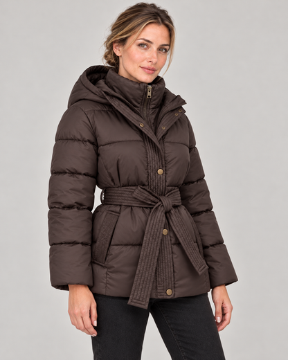 Women’s Hooded Puffer Jacket with Tie Belt and Quilted Finish