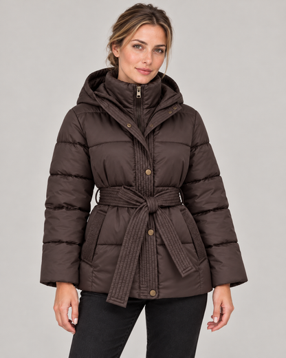 Women’s Hooded Puffer Jacket with Tie Belt and Quilted Finish