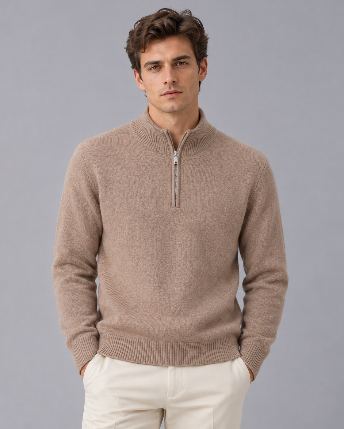 Men's 100% Cashmere Quarter Zip Jumper with High Collar and Ribbed Trims