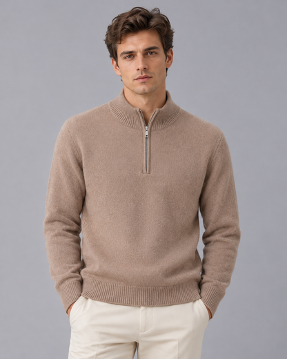 Men's 100% Cashmere Quarter Zip Jumper with High Collar and Ribbed Trims