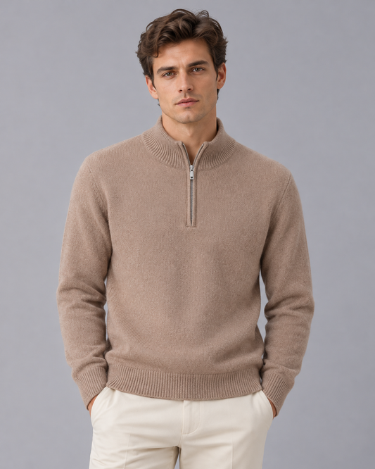 Men's 100% Cashmere Quarter Zip Jumper with High Collar and Ribbed Trims