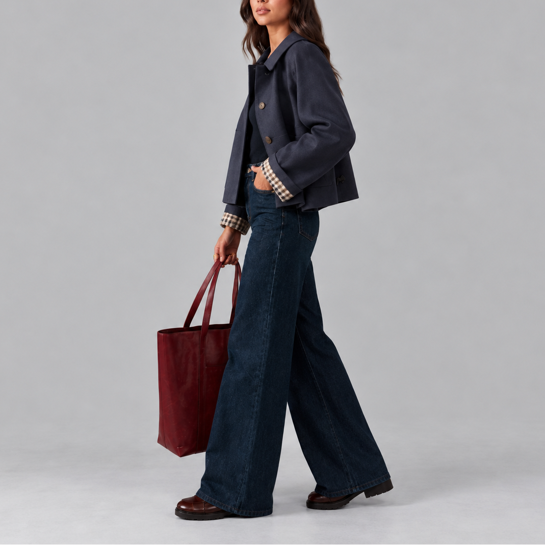 Women's Cropped Trench Jacket With Plaid Lining