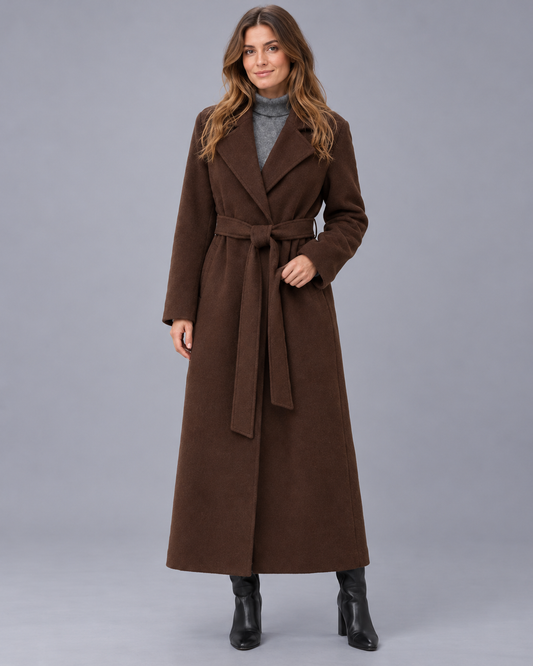 Women's Longline Belted Wrap Coat with Lapel Collar
