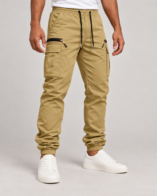 Men’s Stretch Cargo Joggers with Drawstring Waist and Zip Pockets