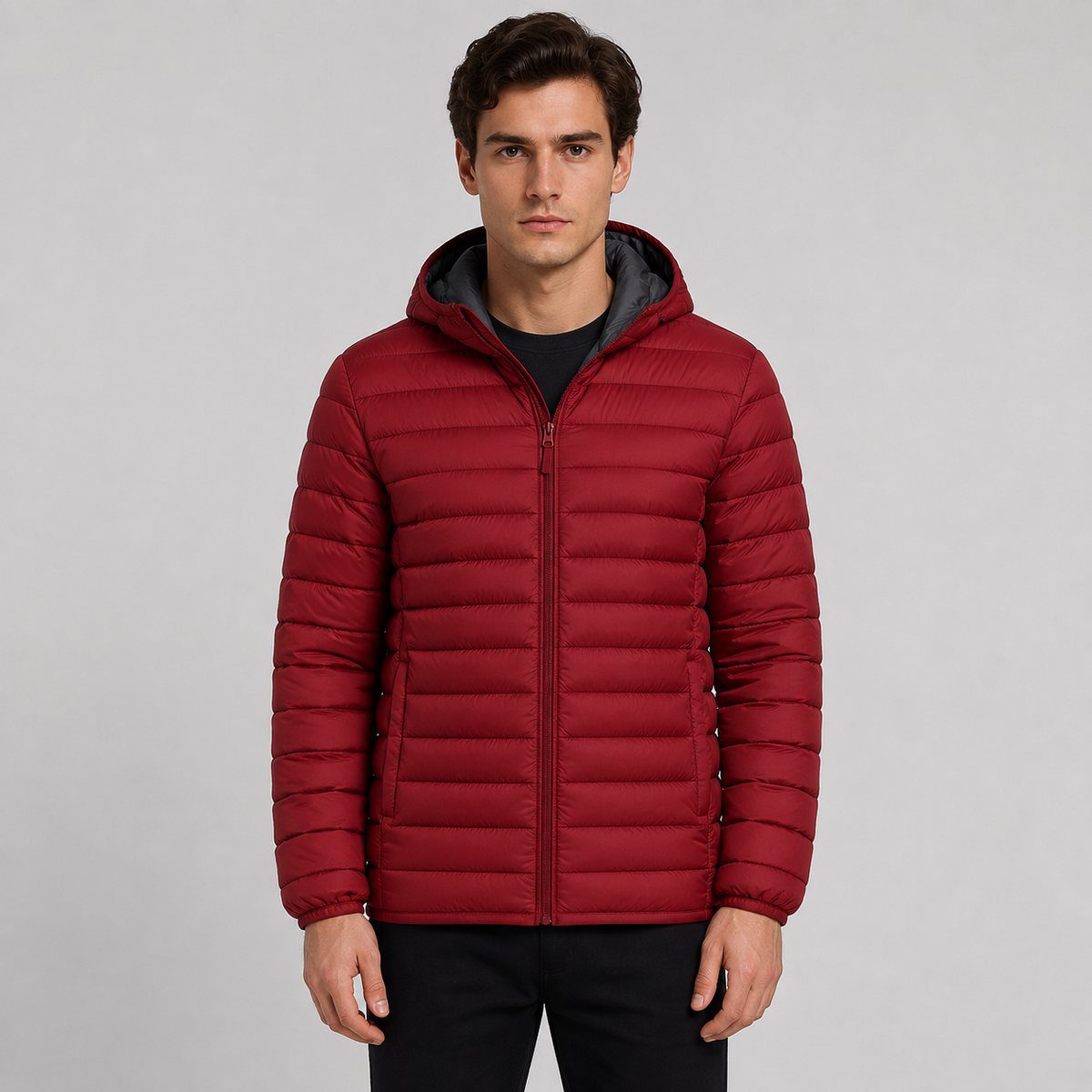 Men's Quilted Hooded Jacket - Warm Winter Full Zip