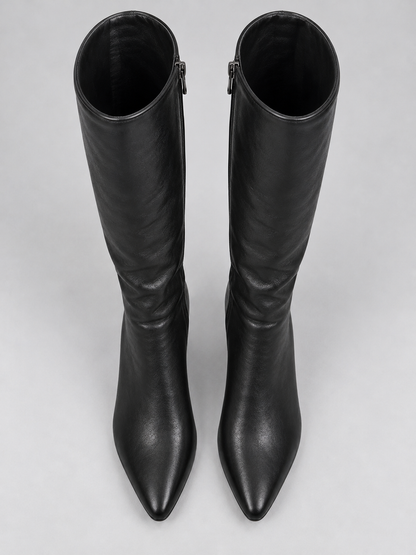 Women’s Knee High Leather Look Boots – Pointed Toe Block Heel