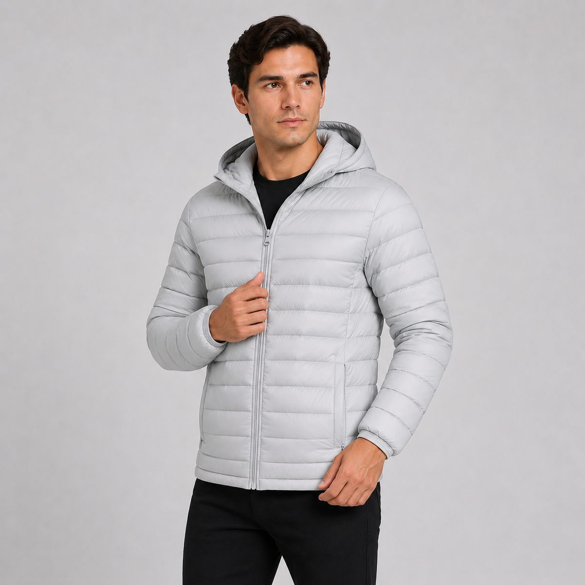 Men's Quilted Hooded Jacket - Warm Winter Full Zip