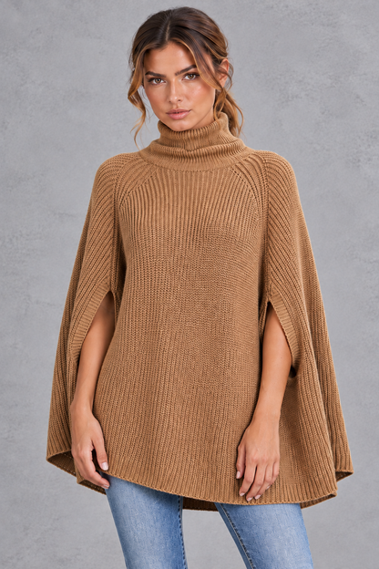 Women's Ribbed Turtleneck Poncho Jumper