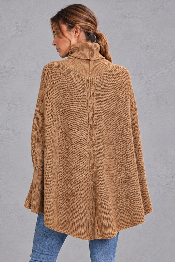 Women's Ribbed Turtleneck Poncho Jumper
