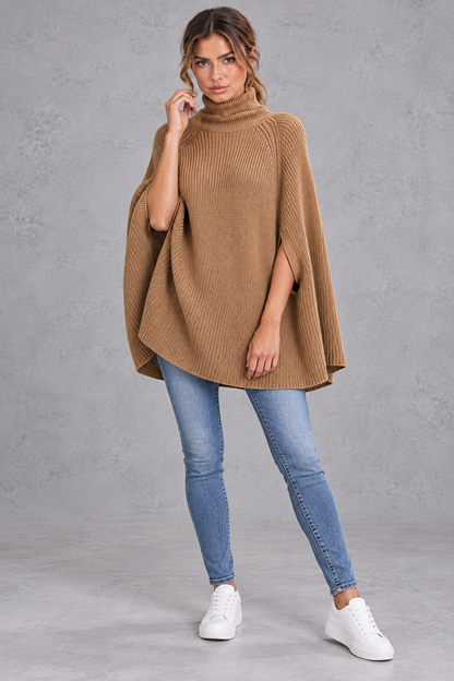 Women's Ribbed Turtleneck Poncho Jumper