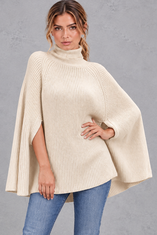 Women's Ribbed Turtleneck Poncho Jumper