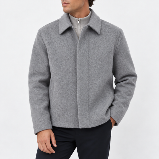Men’s Wool Blend Zip-Up Jacket with Classic Collar