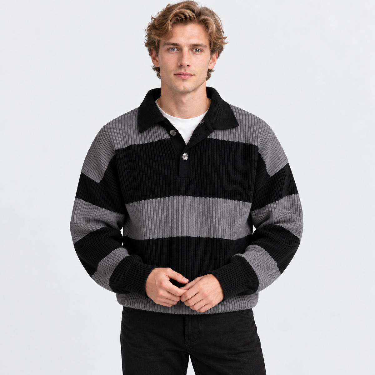 Men's Striped Polo Sweater Knit Pullover Half Placket Top