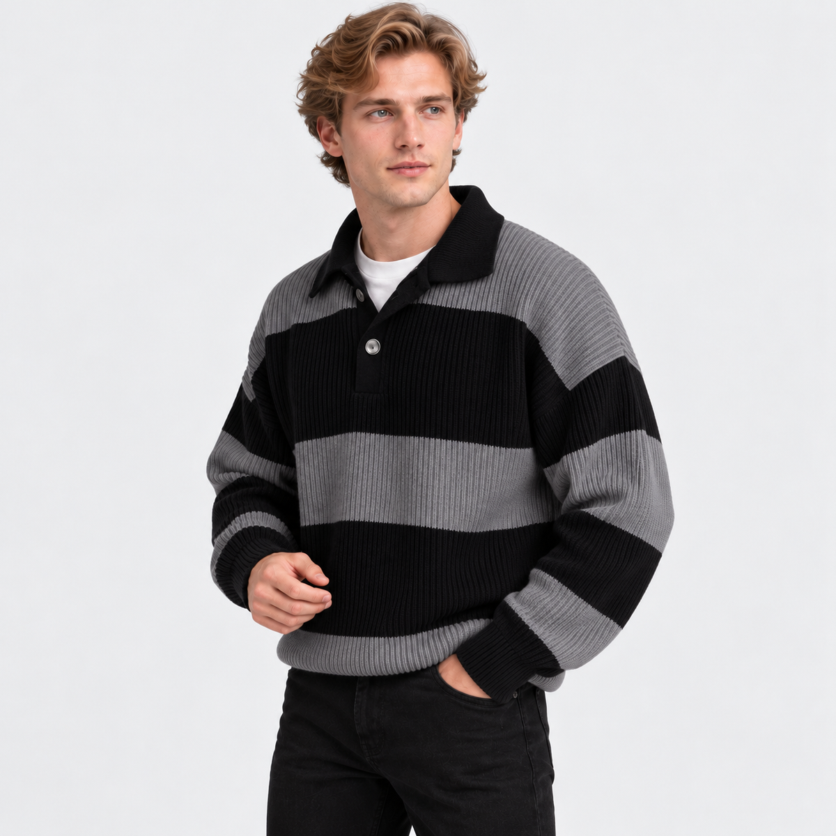 Men's Striped Polo Sweater Knit Pullover Half Placket Top