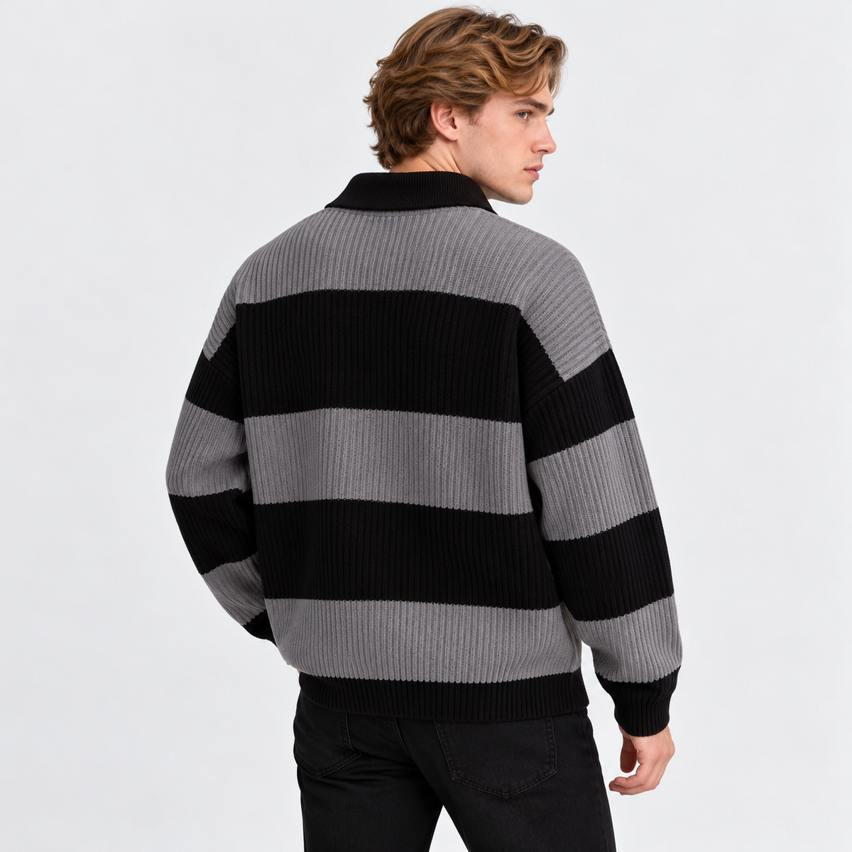 Men's Striped Polo Sweater Knit Pullover Half Placket Top
