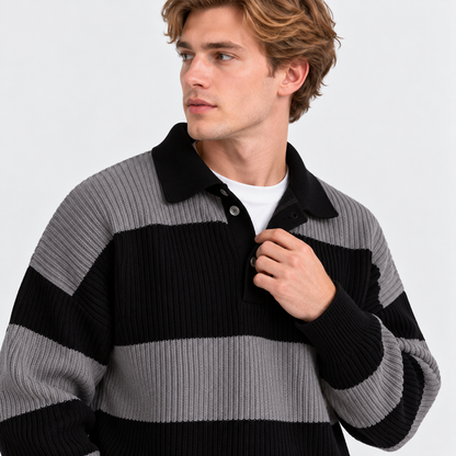 Men's Striped Polo Sweater Knit Pullover Half Placket Top