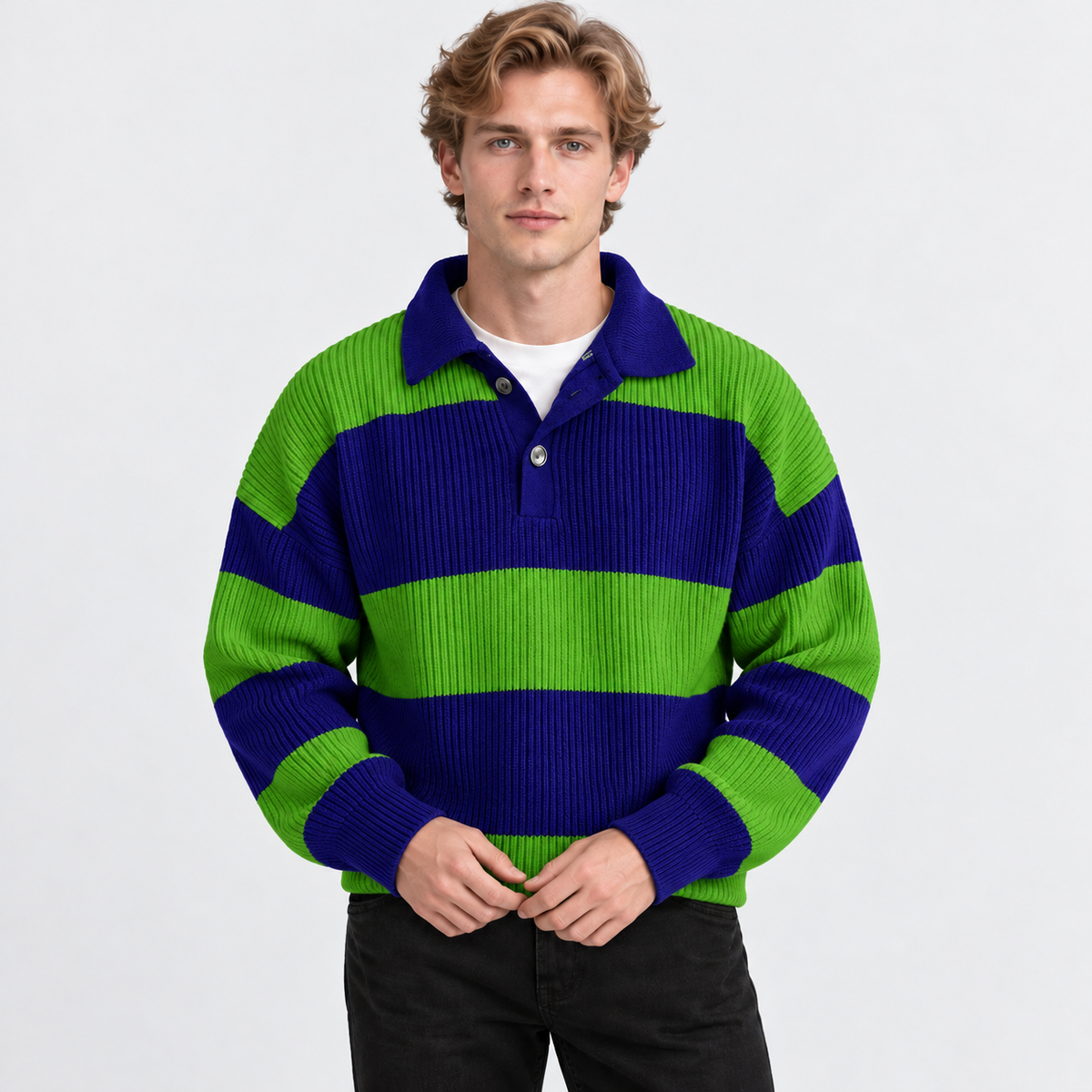 Men's Striped Polo Sweater Knit Pullover Half Placket Top