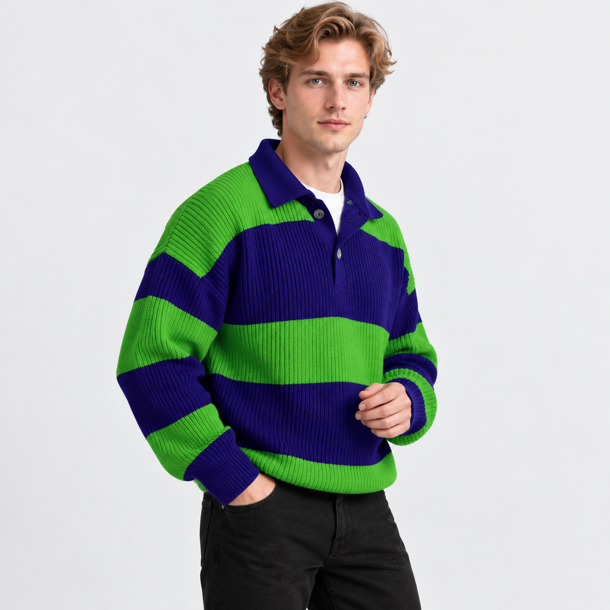 Men's Striped Polo Sweater Knit Pullover Half Placket Top