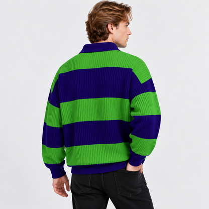 Men's Striped Polo Sweater Knit Pullover Half Placket Top