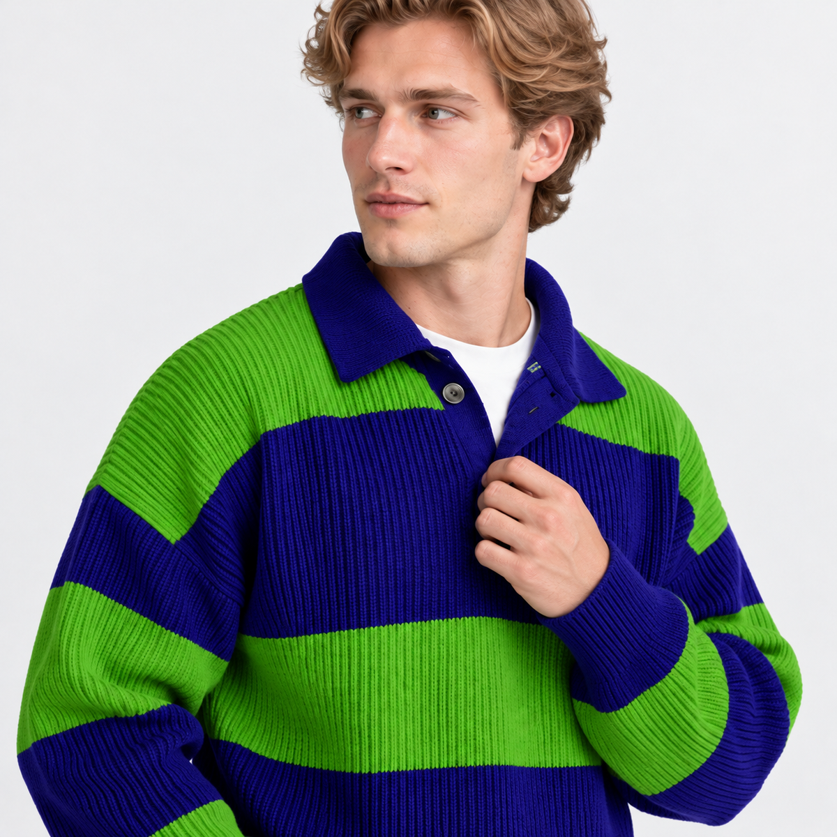 Men's Striped Polo Sweater Knit Pullover Half Placket Top