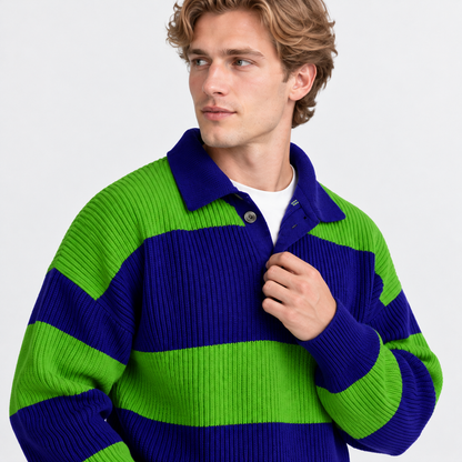 Men's Striped Polo Sweater Knit Pullover Half Placket Top