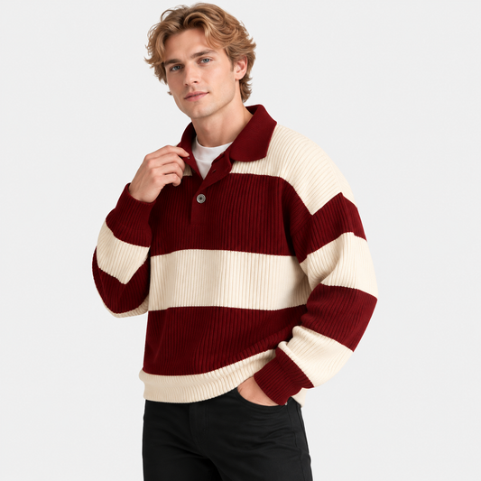 Men's Striped Polo Sweater Knit Pullover Half Placket Top