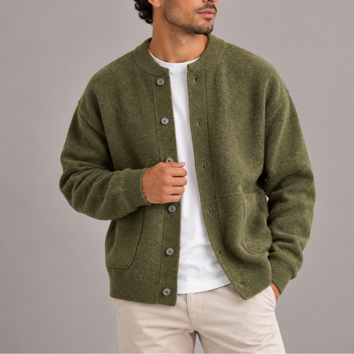 Men's Textured Knitted Button-Up Cardigan
