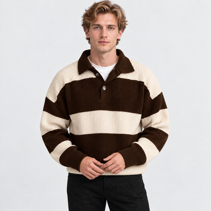 Men's Striped Polo Sweater Knit Pullover Half Placket Top