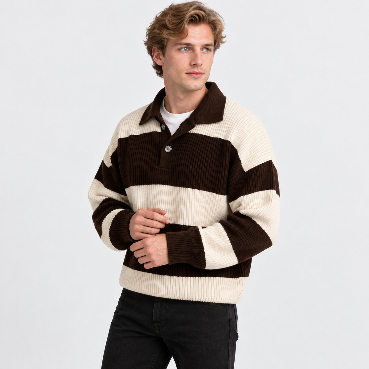 Men's Striped Polo Sweater Knit Pullover Half Placket Top