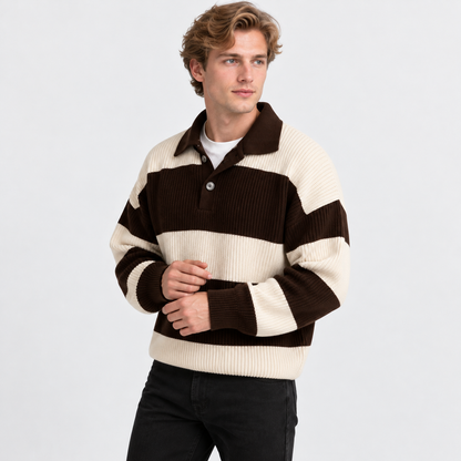 Men's Striped Polo Sweater Knit Pullover Half Placket Top