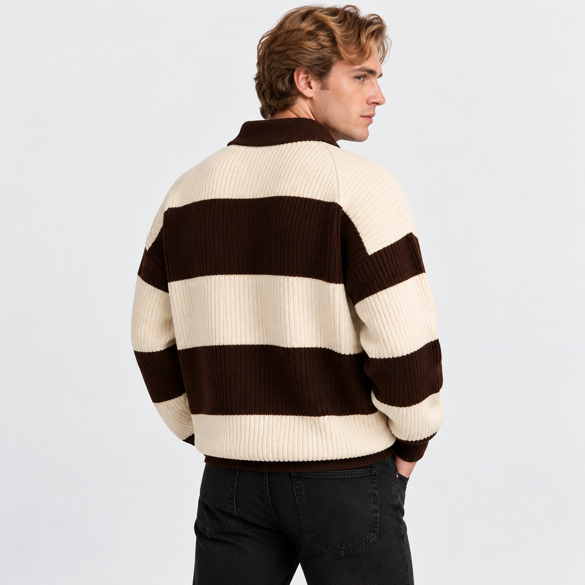 Men's Striped Polo Sweater Knit Pullover Half Placket Top