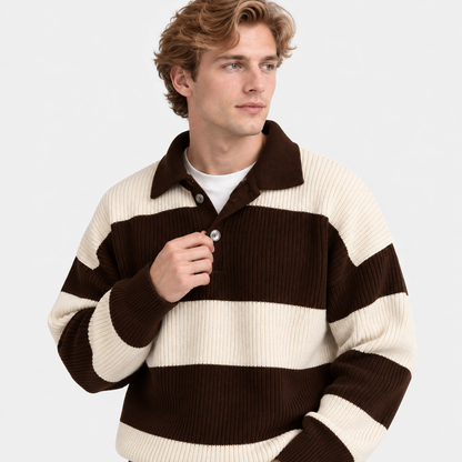 Men's Striped Polo Sweater Knit Pullover Half Placket Top