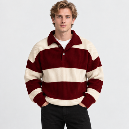 Men's Striped Polo Sweater Knit Pullover Half Placket Top