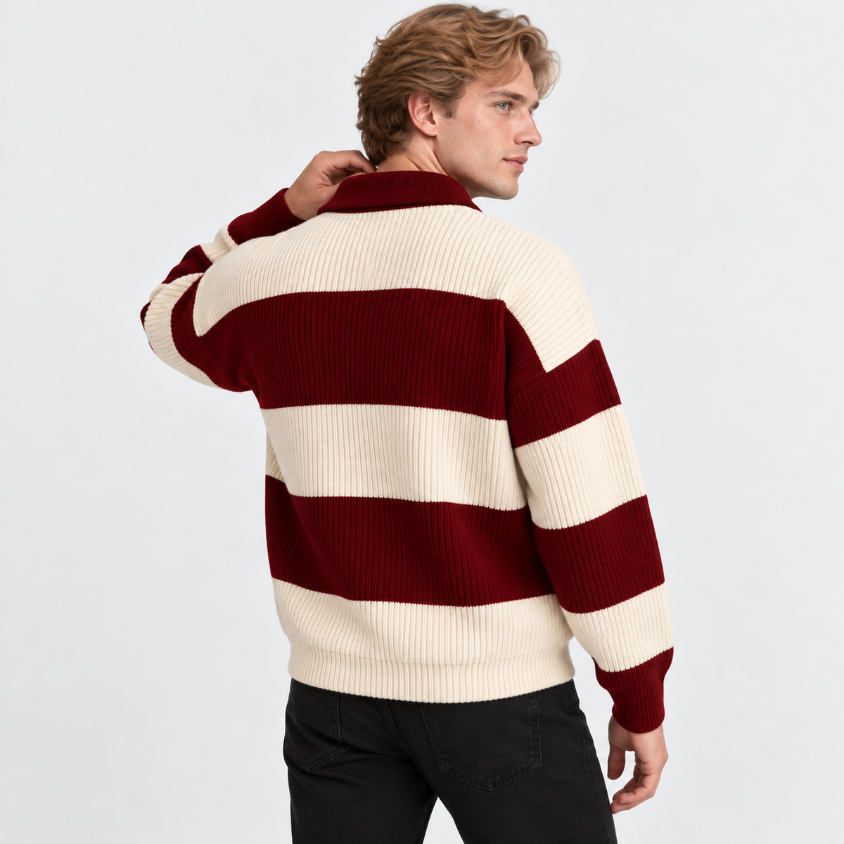 Men's Striped Polo Sweater Knit Pullover Half Placket Top
