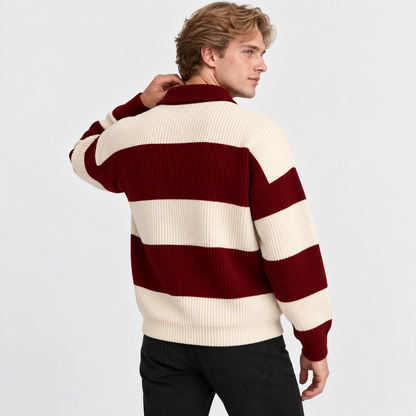 Men's Striped Polo Sweater Knit Pullover Half Placket Top