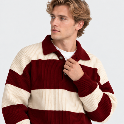 Men's Striped Polo Sweater Knit Pullover Half Placket Top