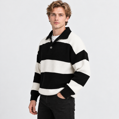 Men's Striped Polo Sweater Knit Pullover Half Placket Top