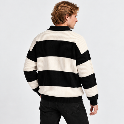 Men's Striped Polo Sweater Knit Pullover Half Placket Top