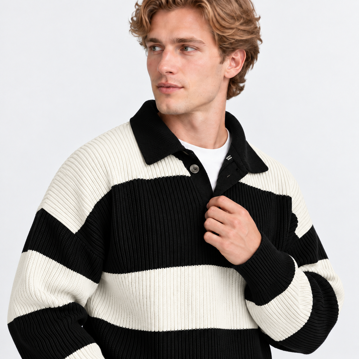Men's Striped Polo Sweater Knit Pullover Half Placket Top