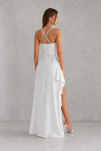 Women's Satin Maxi Dress With Cowl Neck & Thigh Split